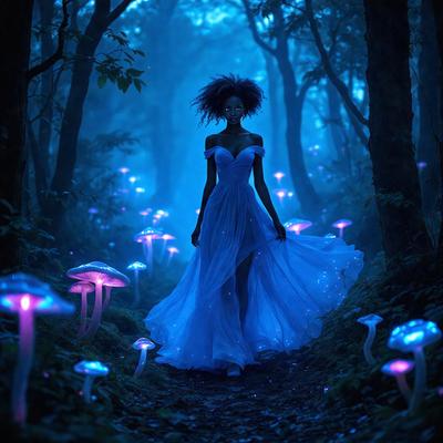 The primary subject of the image is a woman wearing a blue dress, walking through a forest filled with mushrooms. The setting is a dark forest with trees and mushrooms scattered throughout the area. The visual style appears to be a photo, capturing the woman's movement and the surrounding environment. The colors and mood of the image are predominantly dark, with the blue dress and mushrooms providing a contrasting element.